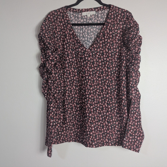 XL LOFT Puff Sleeve Floral Print Long Sleeve Stretch Top - Picture 2 of 6